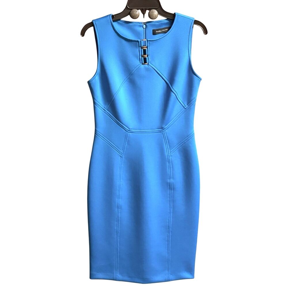 Ivanka Trump Dress Size 6 Turquoise w/Gold Buckles Sheath Zip/Hook & Eye